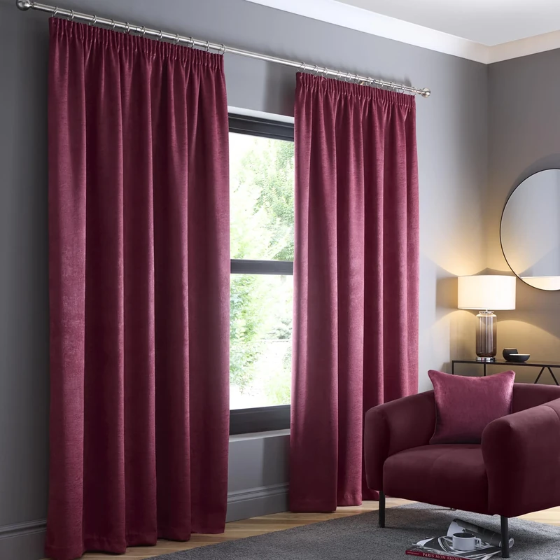 Fusion Pencil Pleat Curtains – Claret Wine Red – W66 x L72 (168 x 183cm) – 100% Cotton – 2 Panels – Thermal & Soundproof – Bedroom & Living Room Drapes – Classic Pleated Window Treatment