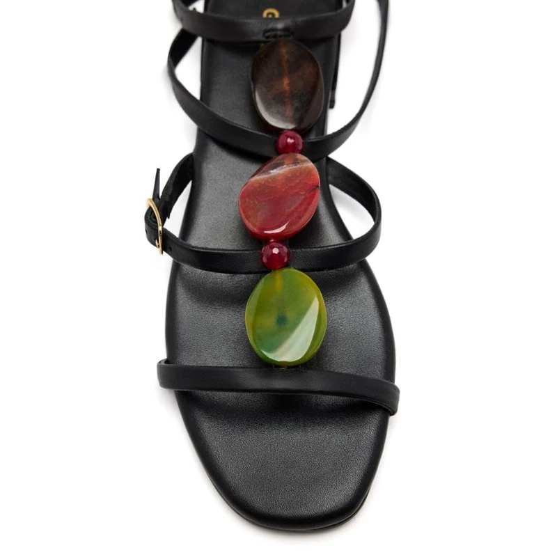 GIOSEPPO Norrie Beads Leather Sandals, Black/White, 6 UK