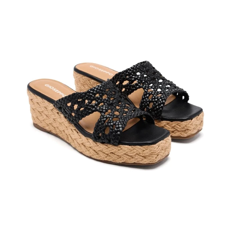 GIOSEPPO Brimfield Jute Leather & Wedge Sandals, Black/White, 8 UK