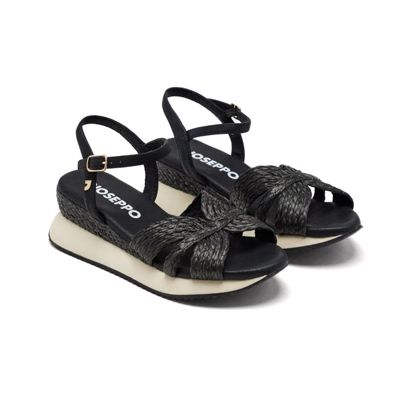 GIOSEPPO Raffia Guildhall Wedge Sandals, Black/White, 6 UK