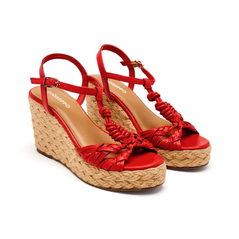 GIOSEPPO Sandals Leather Wedge Jute Castine, red, 8.5 UK