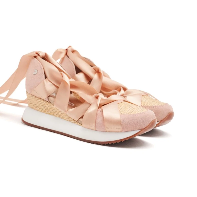 Raffia CORNVILLE Wedge Leather Open Sneakers, Pink, 6 UK