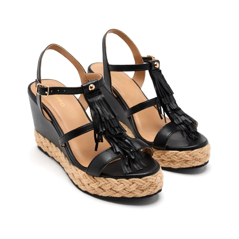 GIOSEPPO ELDERON Fringe Leather Wedge Sandals, Black/White, 6 UK