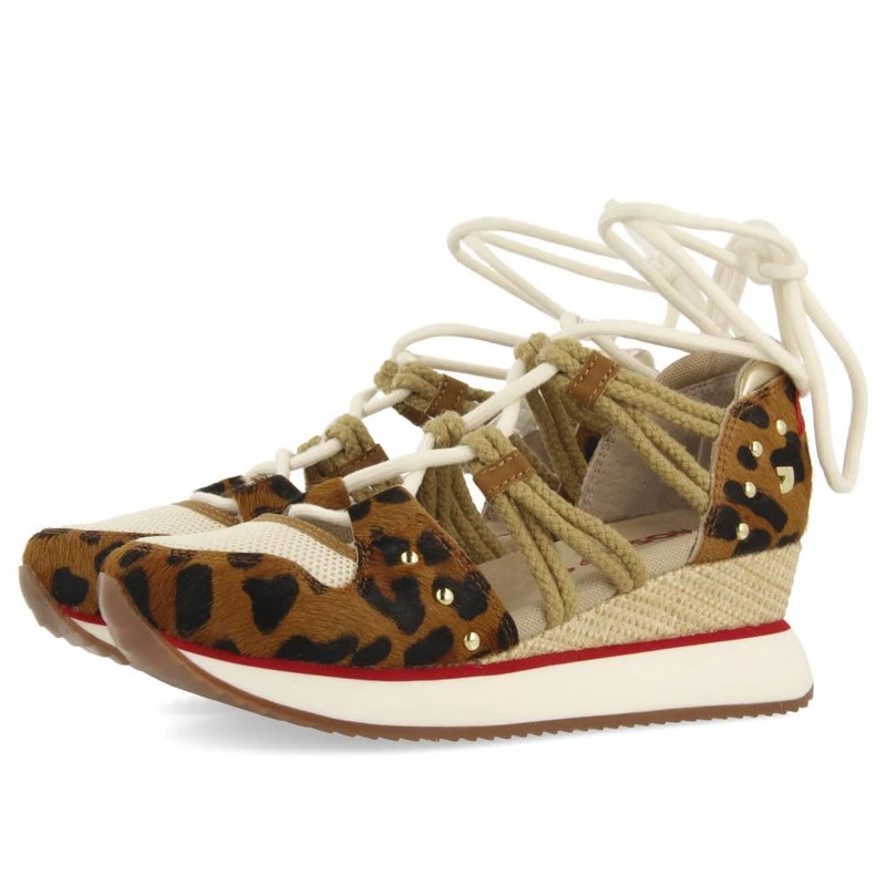 Leopard Leather and Wedge Open Shoes Raffia KEWASKUM, Leopard, 5 UK