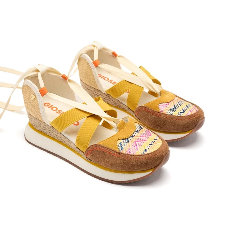 GIOSEPPO Raffia CORNVILLE WEDGE LEATHER OPEN SNEAKERS, Mustard, 8 UK