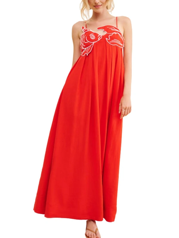 Joiemont Womens Koi Fish Long Strap Dress 3D Fish High Waist Maxi Cami Dress, Red, L - Image 1