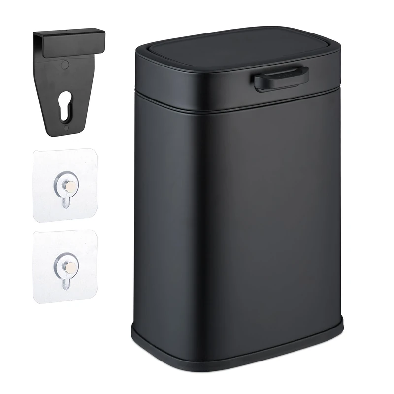 Relaxdays Hanging Kitchen Waste Bin, Vol. 5 L, Rubbish Container with Lid, Plastic, Dustbin, HWD: 29 x 21 x 18 cm, Black, Iron