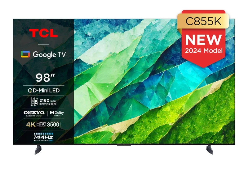 TCL 98C855K 98-inch QLED Mini LED TV, QLED PRO, 4K HDR Premium 3500nits, Smart TV Powered by Google TV (Dolby Vision & Atmos, Onkyo 2.2.2 sound system, 144Hz Motion Clarity Pro)