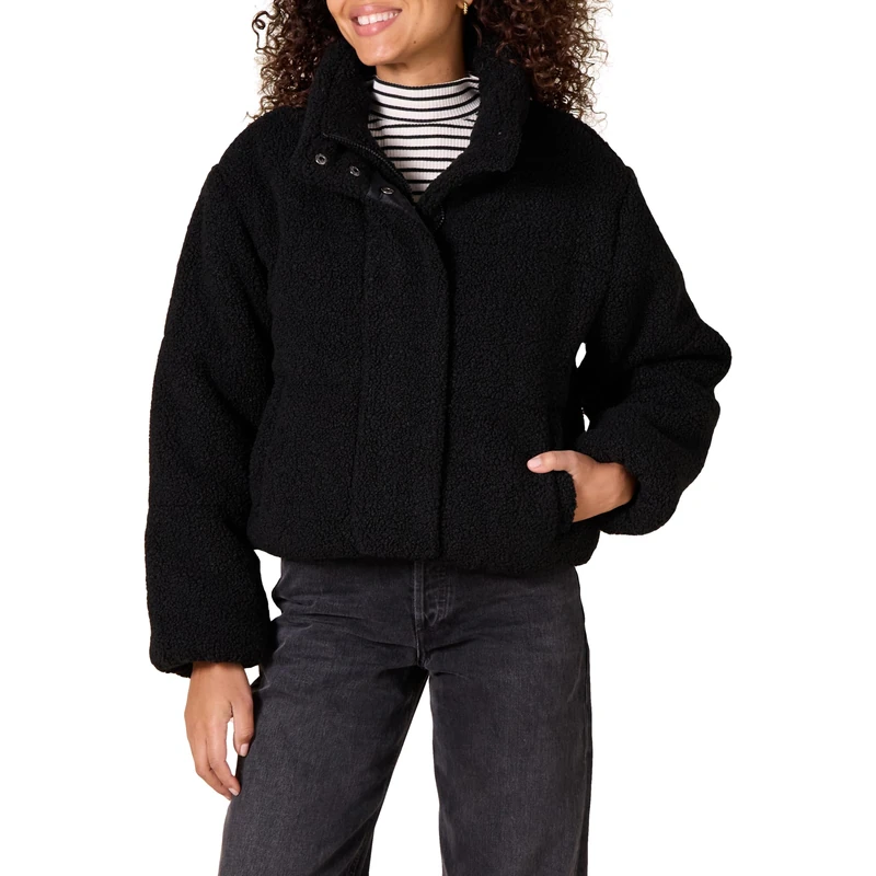 Amazon Essentials Women's Cropped Full-Zip Puffer Jacket (Quilted Matte or Sherpa Fleece), Black Teddy Sherpa, XL