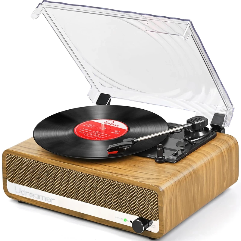 Udreamer Record Player with Speaker Bluetooth Turntable Vintage Vinyl Player Support USB AUX-in Headphone RCA Line-Out 3 Speed Belt-Driven Auto-Stop Mirror Design Golden