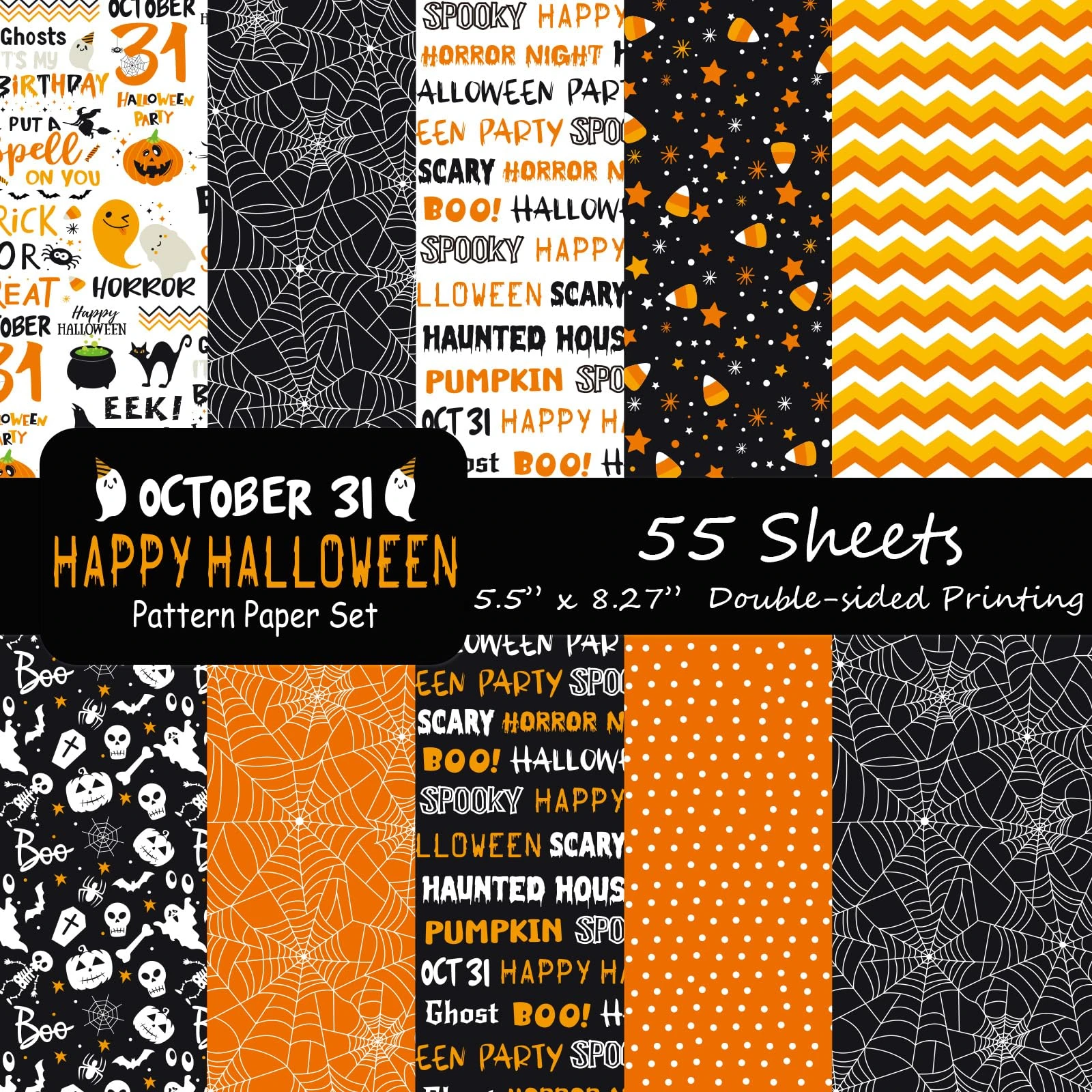 Morcheiong 55 Sheets Halloween Pattern Paper Decorative Paper Double-Sided for Card Making Scrapbook Photo Album Decor, 10 Designs (Orange, 5.5*8.27 inches)