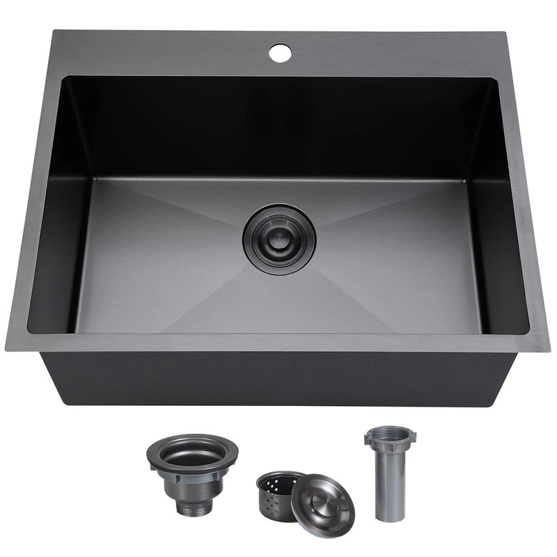 SHACO 25x18 Inch Black Drop in Kitchen Sink, 25 Inch Gunmetal Black Bar RV Laundry Utility Sink, Stainless Steel 16 Gauge Single Bowl Deep Small Kitchen Sink