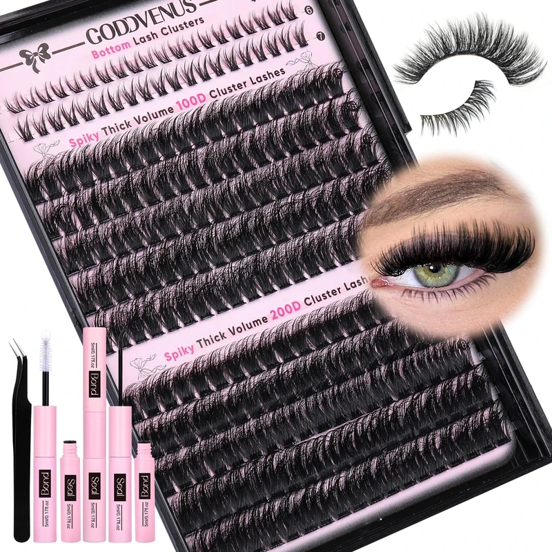 Goddvenus Volume Individual Eyelashes 16-20mm Fluffy Cluster Lashes Kit Wispy D Curl Russian Lashes Extension Kit DIY Eyelash Extensions Waterproof Eyelash Individuals