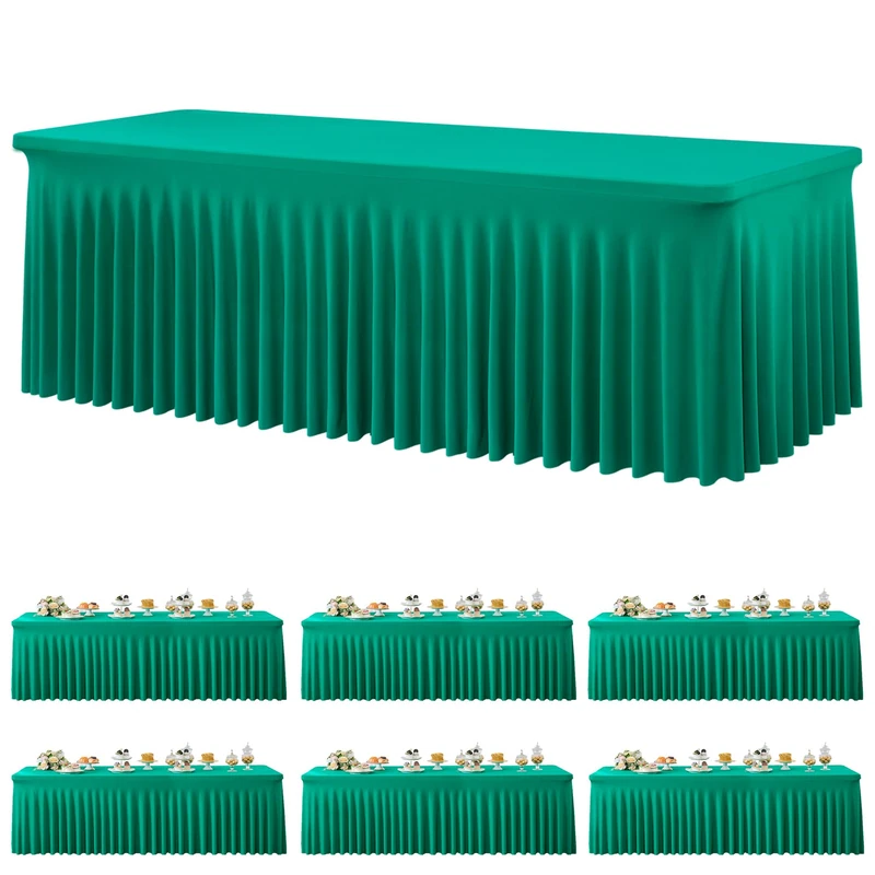 6 Pack Emerald Green Spandex Tablecloth for 6 foot Rectangle Tables, Wrinkle Free Fitted Table Cloth Cover 6ft Green Stretchy Tablecloths with Skirt for Parties Weddings Birthday Banquet Baby Shower