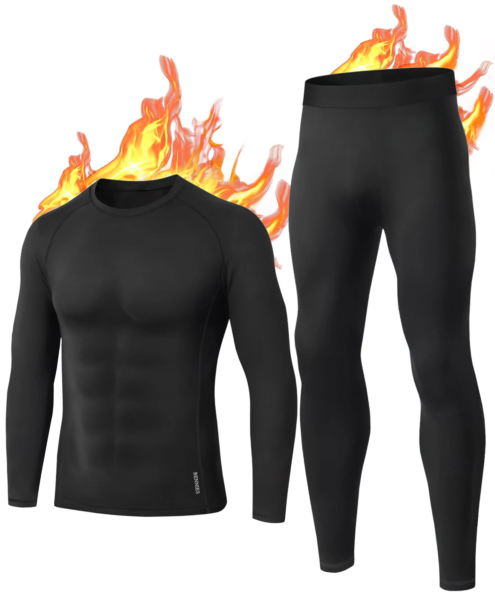 BENNIES Thermal Underwear Mens Set Mens Thermals Top and Bottoms Long Sleeve Tops Long Johns Thermal Base Layer Thermals Men's Thermal Underwear for Winter Ski Sports L Black