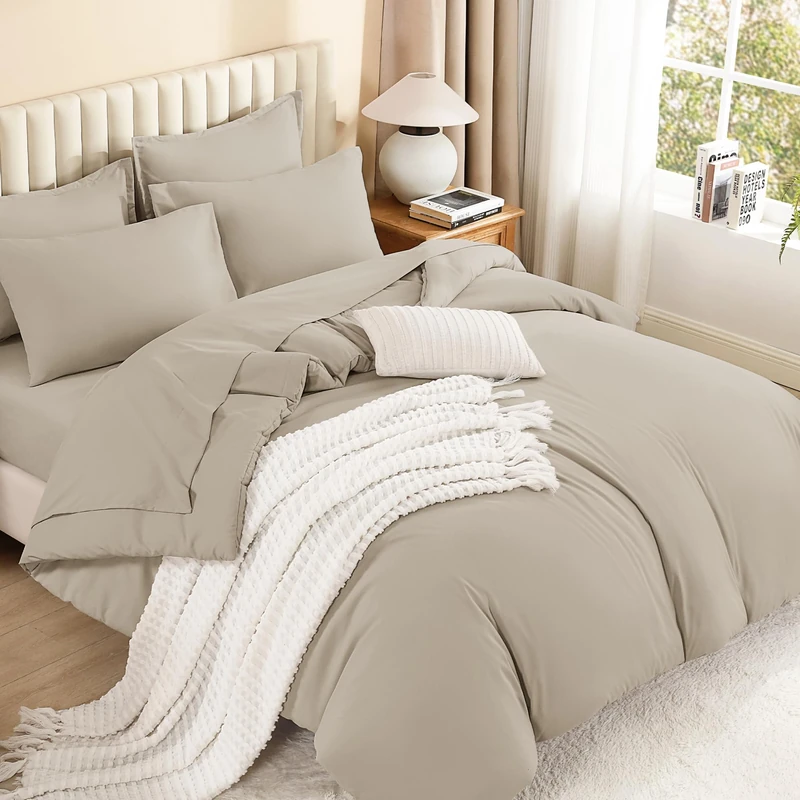 Litanika Twin/Twin XL Size Comforter Set Oatmeal - 5 Pieces Bed in a Bag Twin/Twin XL Bedding Comforter Sets, Solid Lightweight Bed Set with Comforter, Sheets, Pillowcase & Sham