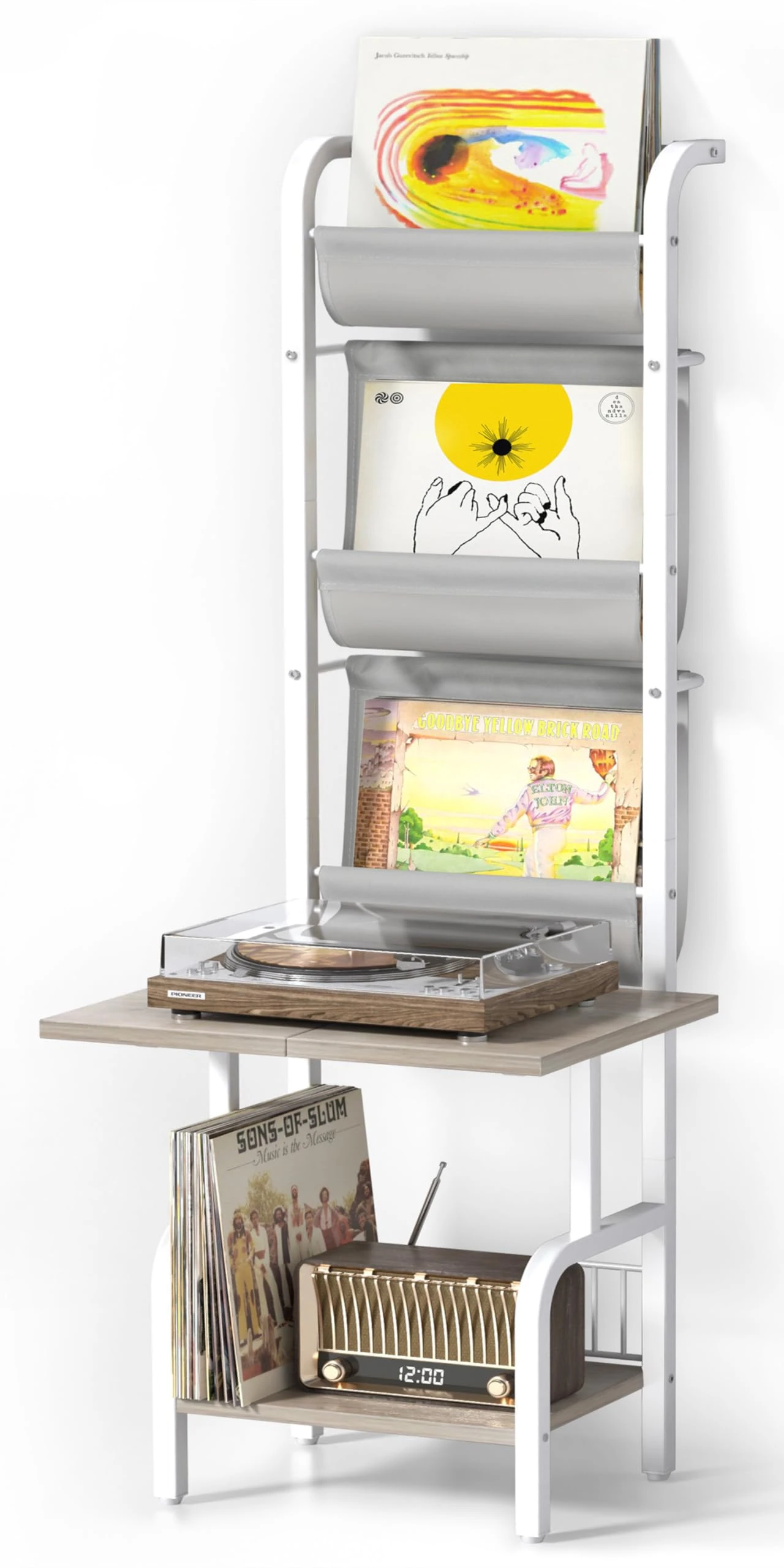 Bikoney Vinyl Record Storage with Player Stand, Turntable Stand and Display Shelf for Up to 200 Albums, Vinyl Record Holder Cabinet with Wall Mount for Living Room or Bedroom White