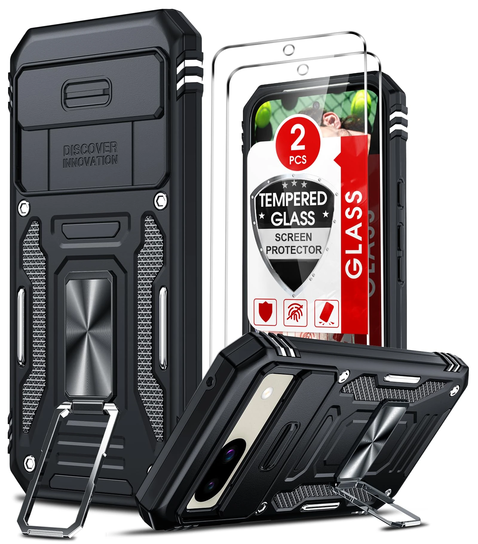 LeYi for Google Pixel 8a Case: Pixel 8A Phone Case with Camera Lens Cover Slider, 2 Pack Screen Protectors, Ring Stand Holder Military Grade Protective Shockproof Armour Cover, Black