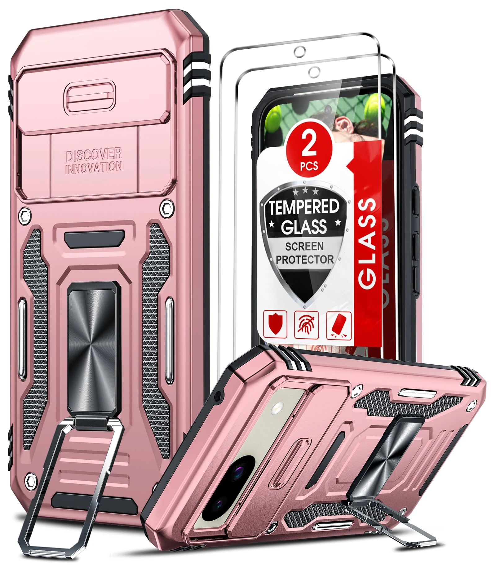 LeYi for Google Pixel 8a Case: Pixel 8A Phone Case with Camera Lens Cover Slider, 2 Pack Screen Protectors, Ring Stand Holder Military Grade Protective Shockproof Armour Cover, Rose Gold