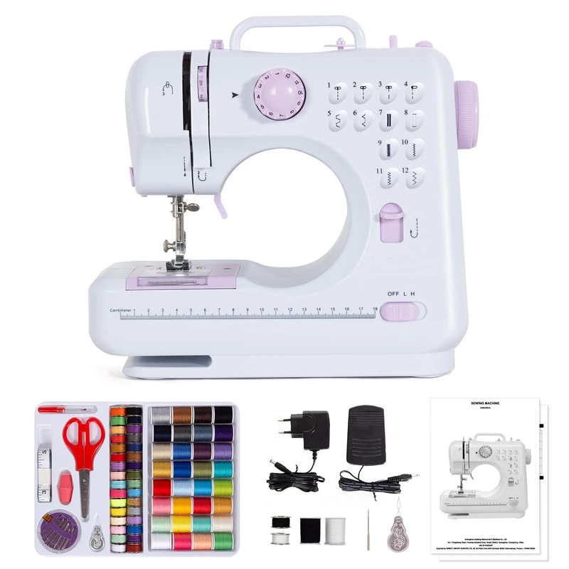 Todeco Portable Sewing Machine with Drawer, Beginner Sewing Machine with 12 Sewing Programs, with Sewing Kit and Pedals, Purple