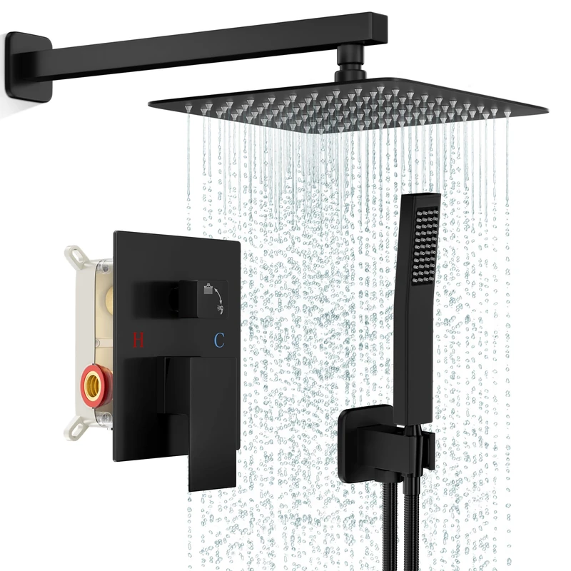 FPXRNG Black Shower Faucet Set, Rain Shower System with Rain Shower Head and Handle Set, Wall Mounted Shower Faucets, Full Metal Trim, Repair Kit 8 Inch, Matte Black (with Shower Valve)