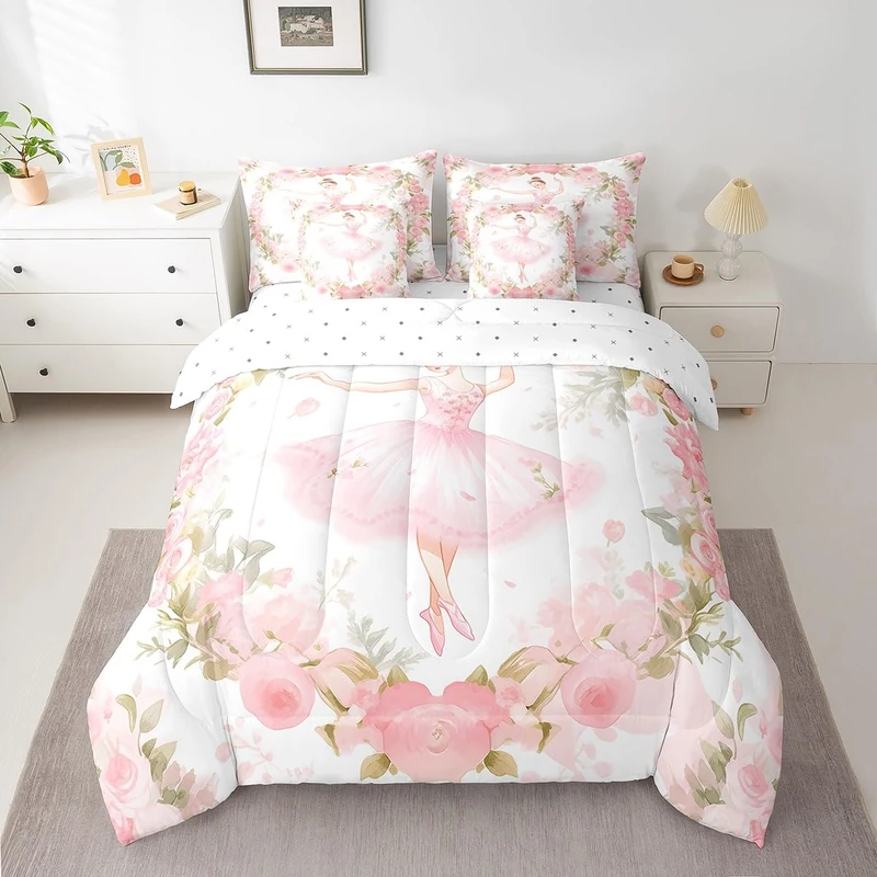 Feelyou Ballet Girls 7 Piece Bedding Set Full Size Cute Ballet Girls Comforter Set with Sheets for Kids Girls Teens Toddler Dancing Girl Bed in a Bag Pink Rose Bed Set