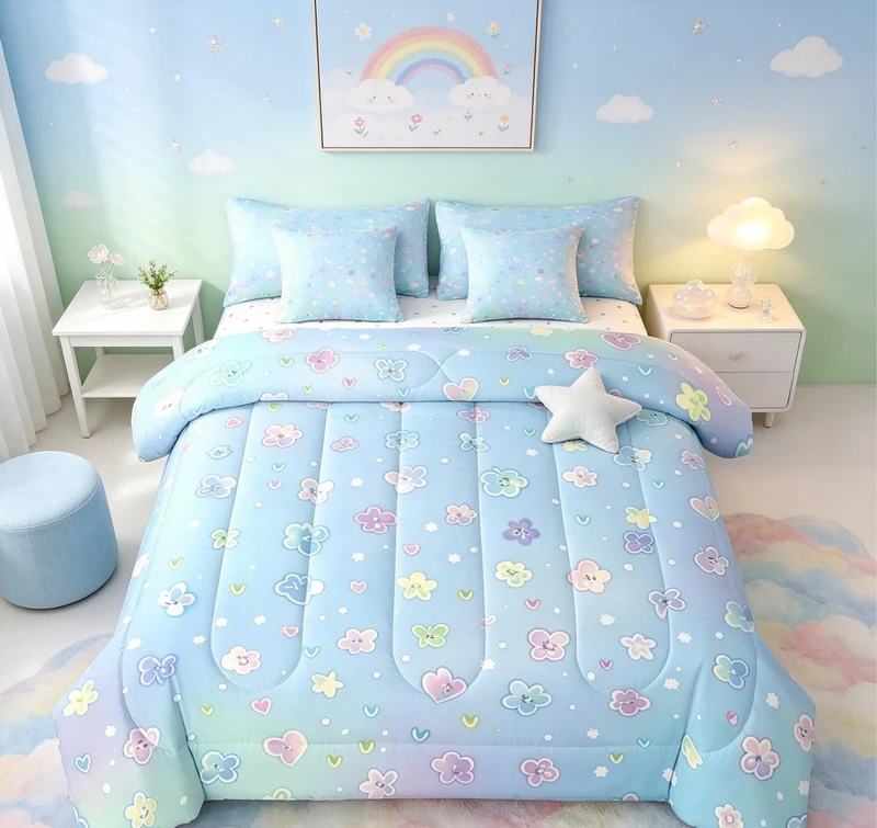 Feelyou Cute Flower 7 Piece Bedding Set Full Size Cartoon Flower Bed in a Bag for Kids Girls Teens Toddler Rainbow Comforter Set with Sheets Cartoon Bed Set