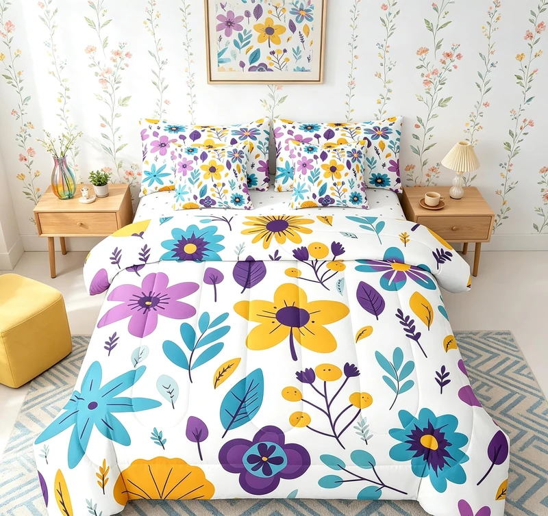 Feelyou Cute Flower Comforter Set with Sheets Twin Cute Flower Floral 7 Piece Bedding Set for Kids Girls Teens Toddler Cartoon Floral Bed in a Bag Yellow Purple Bed Set