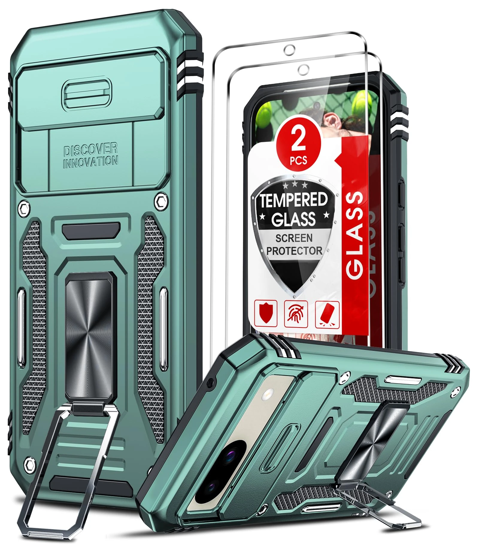 LeYi for Google Pixel 8a Case: Pixel 8A Phone Case with Camera Lens Cover Slider, 2 Pack Screen Protectors, Ring Stand Holder Military Grade Protective Shockproof Armour Cover, Light Green