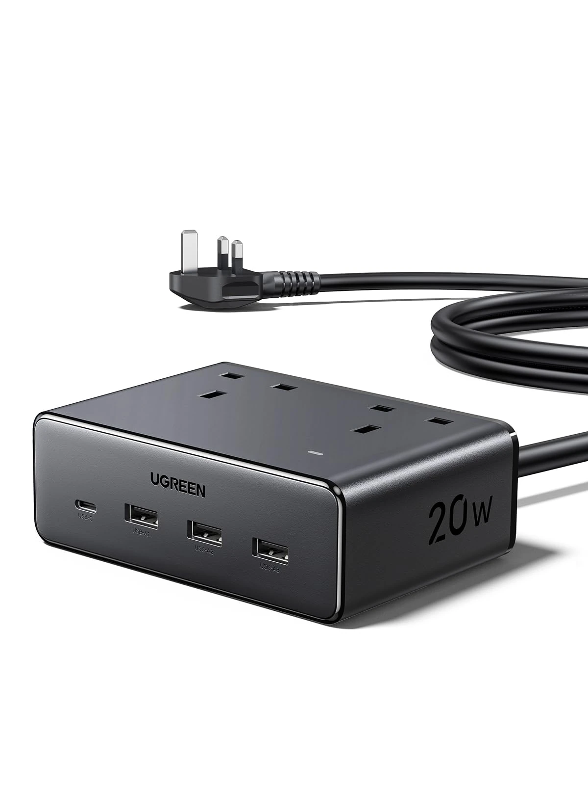 UGREEN Extension Lead with 4 USB Slots, 2 Way 2990W Max Multiple Plug with 1.5m Extension Cable, Compatible with iPhone 17/16/15/14, iPad Pro/Mini, Suitable for Home/Office, Black