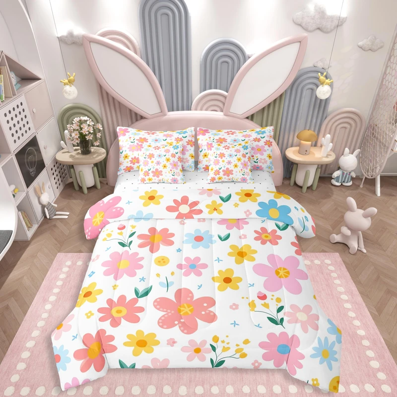 Feelyou Cute Flower 7 Piece Bedding Set Full Size Kids Cartoon Cute Floral Bed in a Bag for Kids Girls Teens Toddler Yellow Pink Comforter Set with Sheets Kawaii Bed Set
