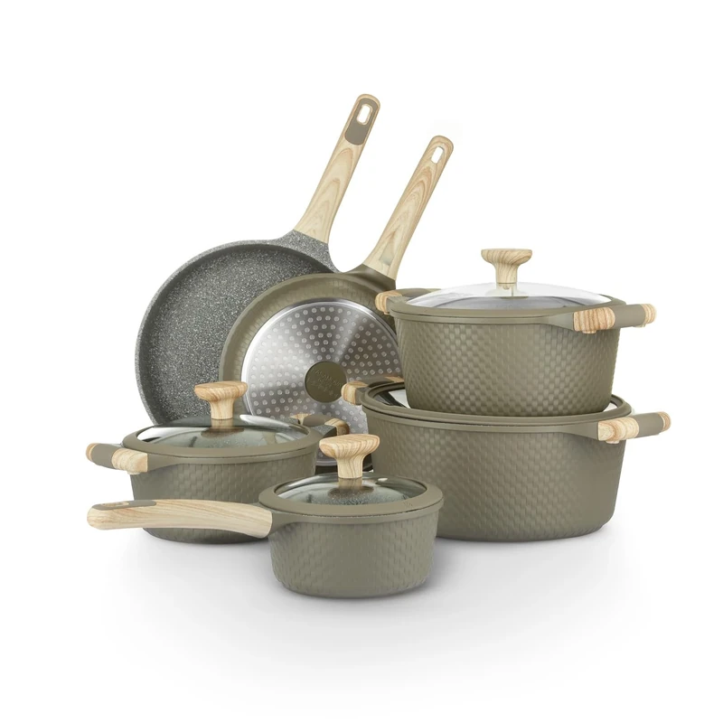 KASANOVA Green Bamboo Cookware Set of 10 Made from 4 Ply Non-Stick Aluminium, 4mm Base and Soft Touch Bakelite Handles, Green