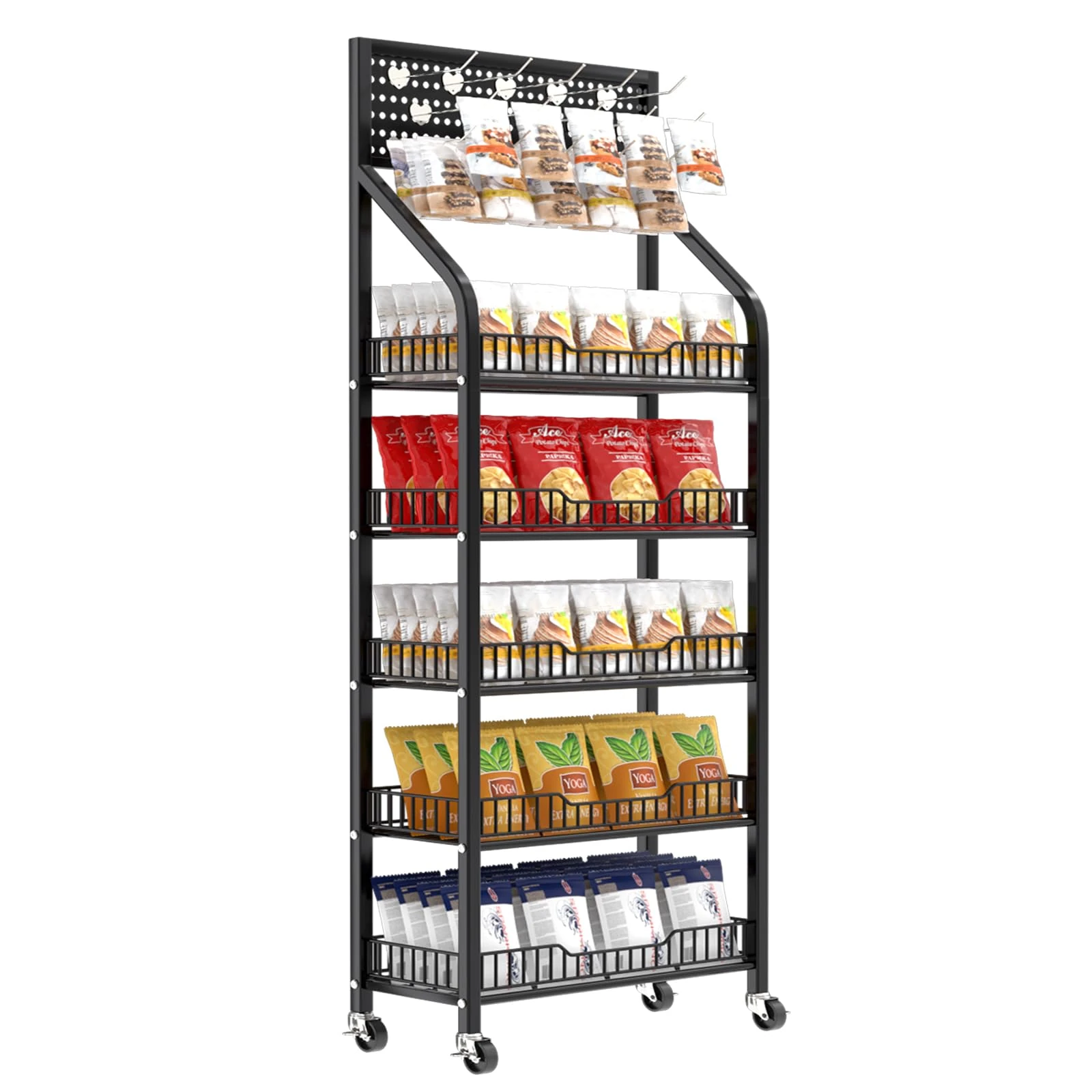 QJSZMEI 5 Tier Snack Storage shelves, Heavy Duty Floor Standing movable Snack Organizer Rack, Black Metal shelf with Hooks for Commercial Home Kitchen Storage Room Convenience Store (BLACK, 5 TIER)