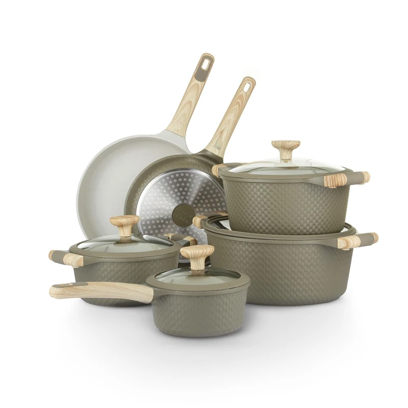 KASANOVA 10-Piece Kitchen Utensil Set Green Bamboo and Cream. Made of 4-Layer Non-Stick Aluminum, 4mm Bottom and Soft Touch bakelite Handle