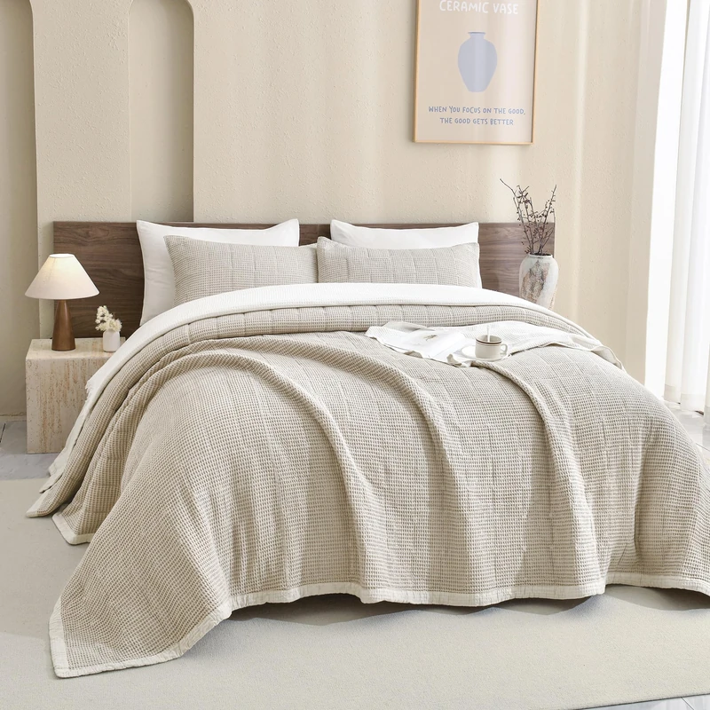 CozyTide Oversized King Bedspread 120"x120",100% Cotton Light Khaki Waffle Weave Quilt Set 3Pcs Soft Lightweight Oversized King Quilt Bedding Set,Farmhouse Bedding Coverlet for All Seasons