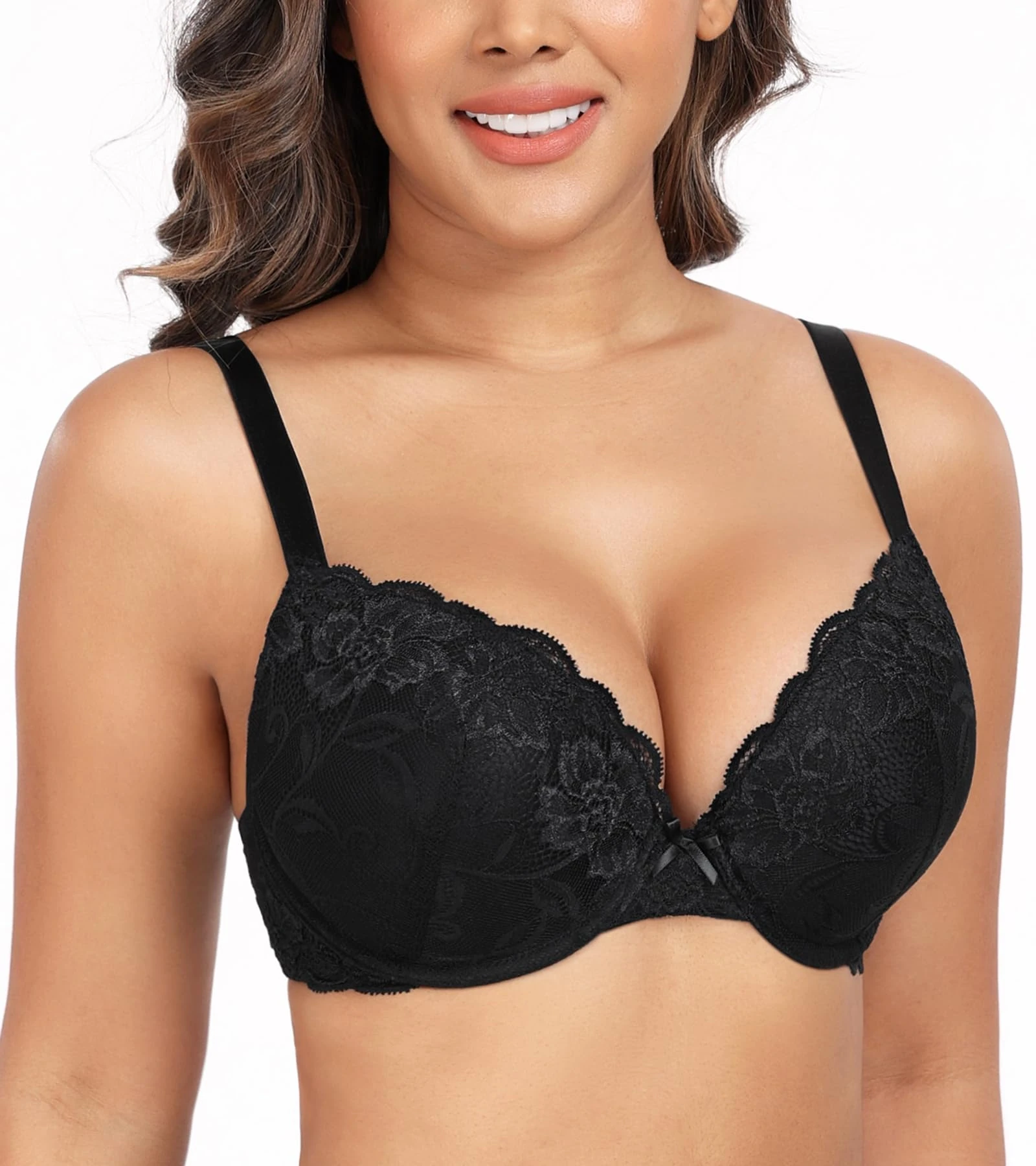 Lemorosy Women's Plunge Push Up Bra Comfort Padded Underwire with Lace Flower(Black,38D)