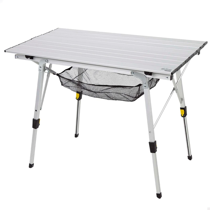 AKTIVE Folding Table, 90 x 51 x 45/70 cm, Telescopic Legs, Non-Slip Stops, Aluminium Table and Frame, Supports 30 kg, Removable Mesh, Camping, Beach, Picnic (63052)
