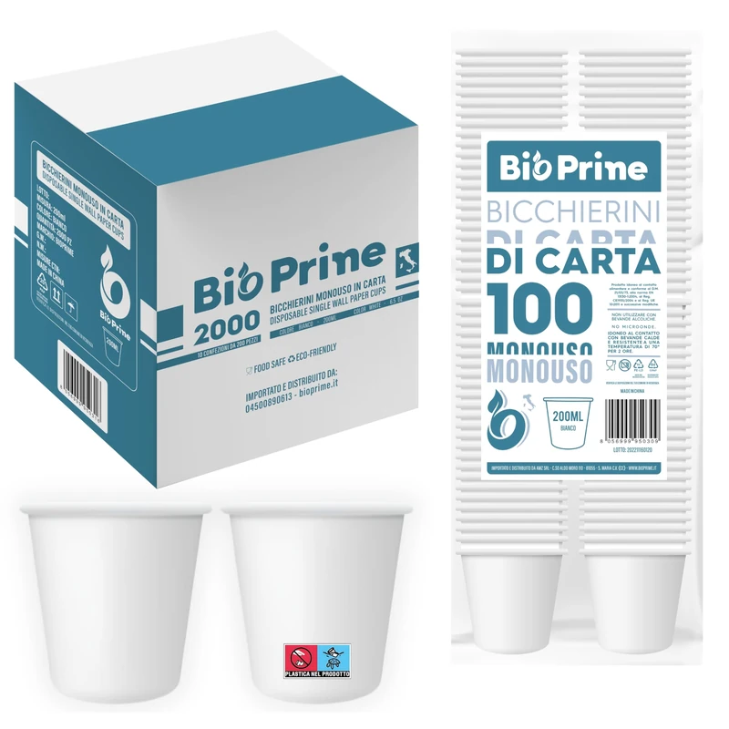 BioPrime - 2000pcs - Paper Water Cups 200ml - Biodegradable Cups - for Hot Drinks, Water and Drinks - Disposable Cups