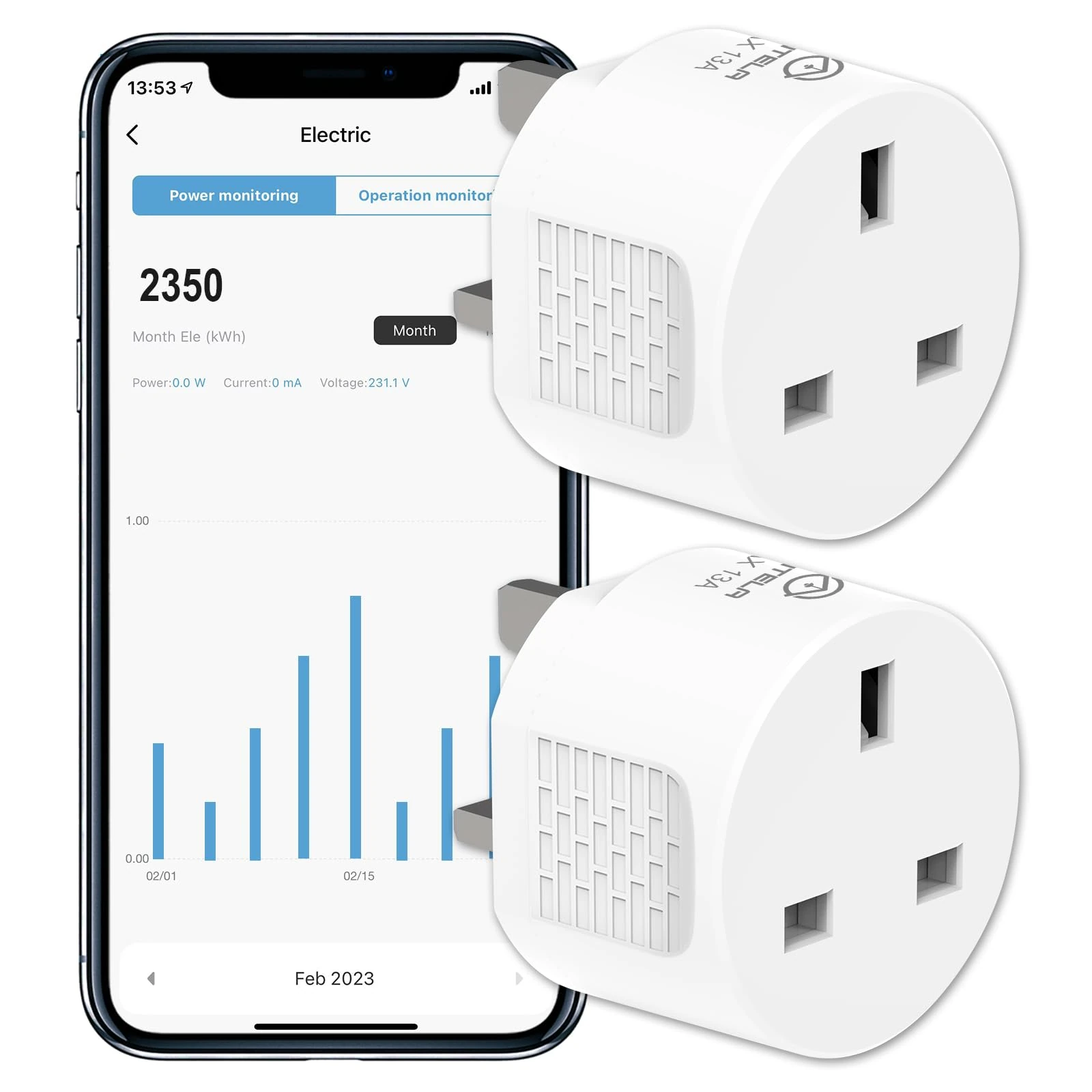 ANTELA Smart Plug with Energy Monitoring, 2,4GHz WiFi Plug, Smart Life APP Wireless Remote Control with Timer Function, Compatible with Alexa and Google Home, 13A (2 Packs)