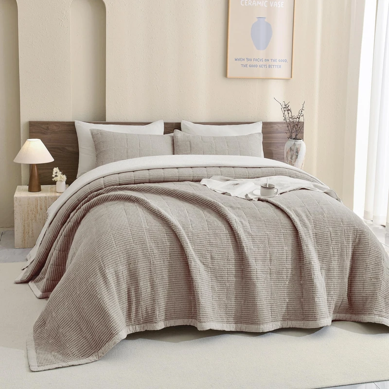 CozyTide 100% Cotton Oversized King Bedspread 128"x120",Dark Khaki Waffle Weave Oversized King Quilt Set 3 Pieces Soft Lightweight Extra Large Farmhouse Bedding Coverlet for All Season