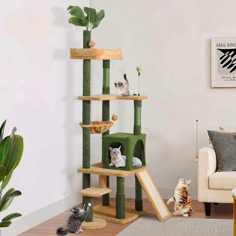 YITAHOME Tall Cat Tree Tower with Leaves for Indoor Cats, 72.8in Cute Cat Climbing Tower with Self-Grooming Brush, Cat Condo, Top Perch, Basktet, Sisal Scratching Posts and Board,Balls