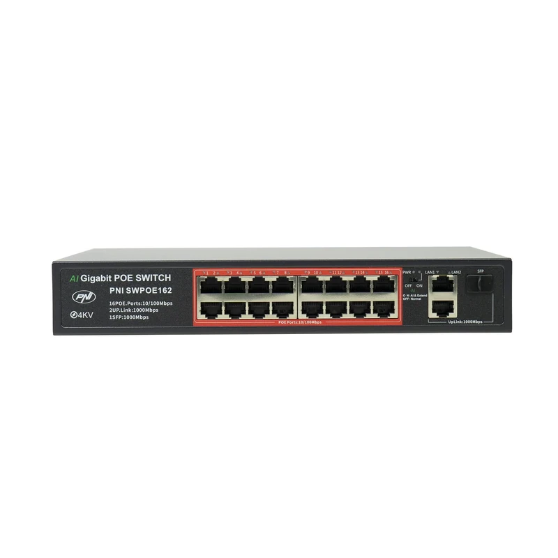 PNI SWPOE162 POE Switch, 16 Ports POE 100Mbps, 2 UP Link 1000Mbps Ports, 1 SFP Port 1000Mbps, 240W, AI Function Extends Up to 250m, Lightning Protection 4KV