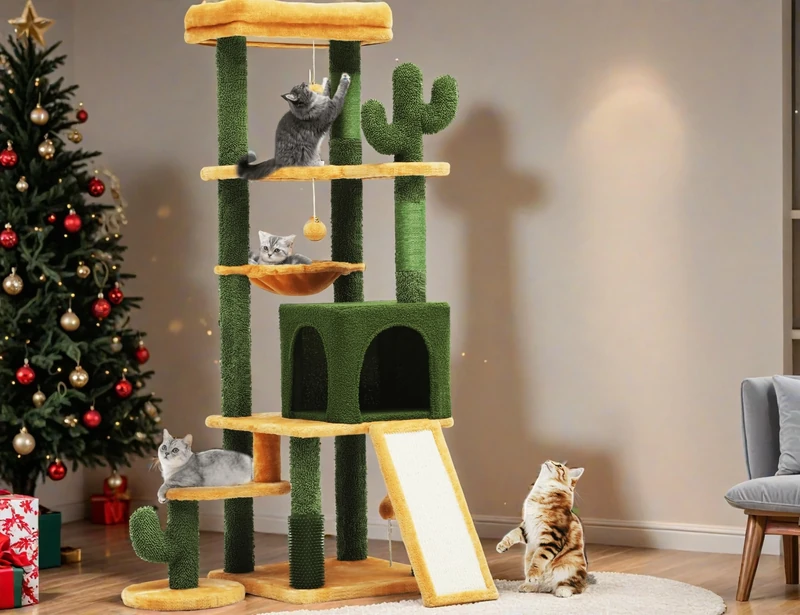 YITAHOME Tall Cactus Cat Tree Tower with Self-Grooming Brush, 60in Cute Cat Climbing Tower for Indoor Cats with Cat Condo, Top Perch, Basktet, Sisal Scratching Posts and Board,Balls