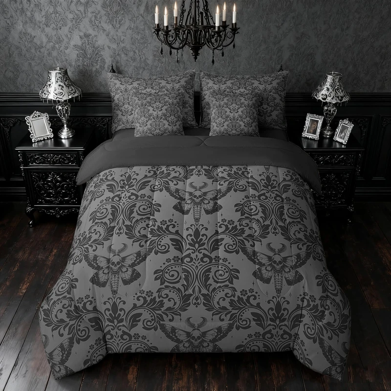 Feelyou Adults Black Vintage Damask Floral Bedding Set Oriental Antique Comforter Set 7 Pieces Comforters Queen Size Gothic Bohemia Boho FlowerGothic Skull Bed in a Bag