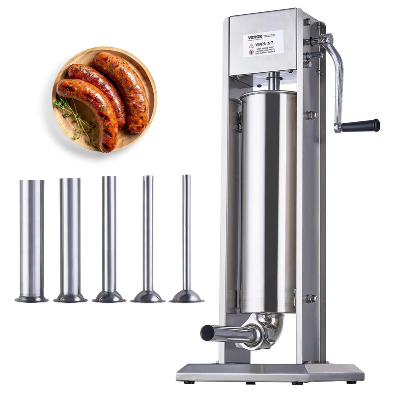 VEVOR Manual Sausage Stuffer, 7 L / 15 LBS Vertical Sausage Machine, Dual-Speed Meat Stuffer, Made of Food-Grade 304 Stainless Steel, Includes 5 Stuffing Tubes, for Home Kitchen Restaurant Commercial