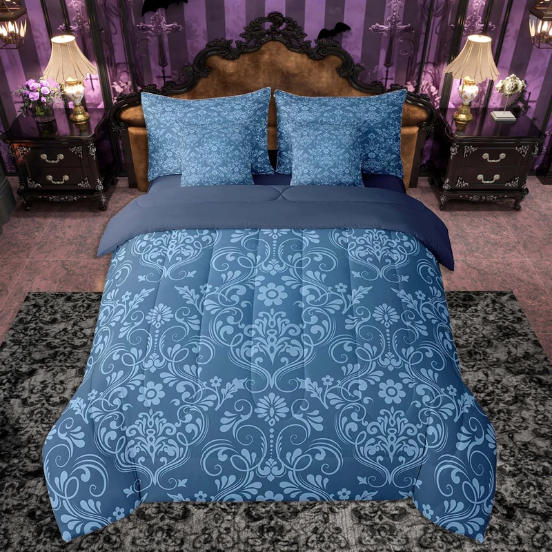 Feelyou Adults Blue Vintage Damask Floral Bedding Set Oriental Antique Comforter Set 7 Pieces Comforters Twin Size Gothic Bohemia Boho FlowerBohemian Exotic Bed in a Bag