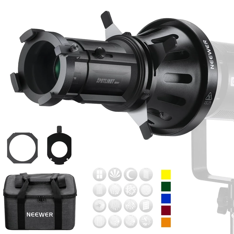 Neewer Spotlight Snoot with 40° Projection Lens, Adjustable Focus, 16 Metal Gobos 5 Color Gels, Bag, Conical Snoot for Bowens Mount LED Continuous Output Lighting Studio Video Light Up to 300W, LS-38