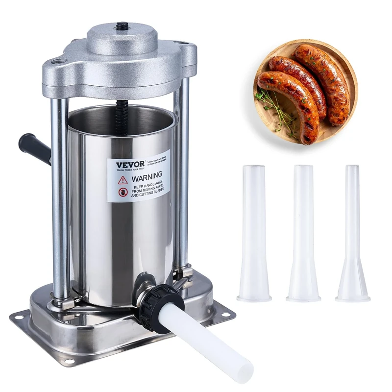 VEVOR Manual Sausage Stuffer, 2 L / 5 LBS Vertical Sausage Machine with G-Type Clamp, Food-Grade 304 Stainless Steel Barrel with 2 Stuffing Tubes, for Home Kitchen Restaurant Commercial