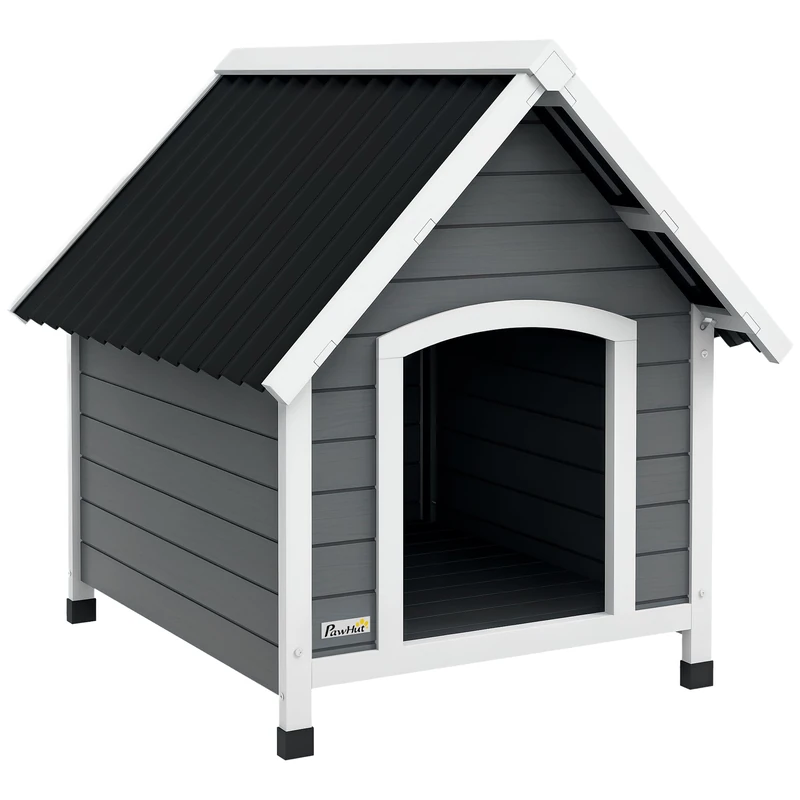 PawHut Outdoor Wooden Dog House with Removable Floor, Height Adjustable Plastic Feet, Outdoor Dog Kennel, for Medium Dogs, 75 x 88 x 82 cm, Grey