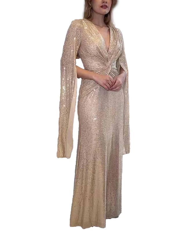 xxxiticat Women's Sequin Prom Dress Long Cape Sleeve V Neck Front Twist Knot Evening Party Wedding Slit Maxi Gown Dresses, Gold, M